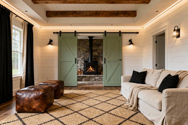 A farmhouse-style media room features white shiplap walls, exposed wood ceiling beams, and a stacked-stone fireplace with a black wood stove. Sage green sliding barn doors on a black track frame the hearth, while cove LED lighting and black metal sconces illuminate a light linen sofa with dark pillows, two caramel leather ottomans, a diamond-pattern jute rug, wide-plank wood floors, and a window dressed with black curtains and white trim.