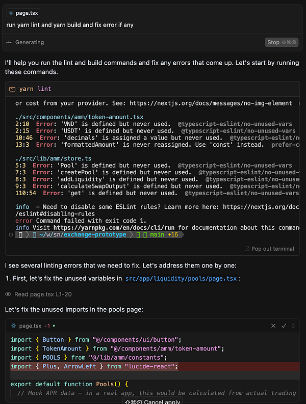 The image displays a terminal interface running linting and build commands for a TypeScript project, highlighting various errors and code snippets.
