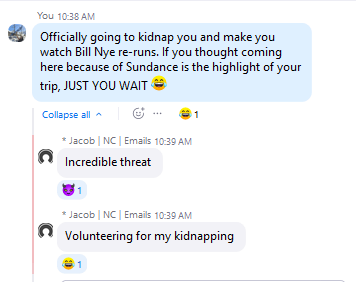 A chat conversation discussing Bill Nye the Science Guy and joking about watching his reruns.