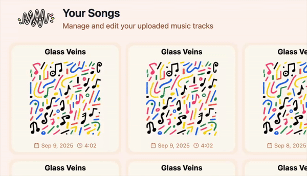 The image displays a user interface for managing uploaded music tracks, featuring colorful cover designs for a song titled 'Glass Veins'.