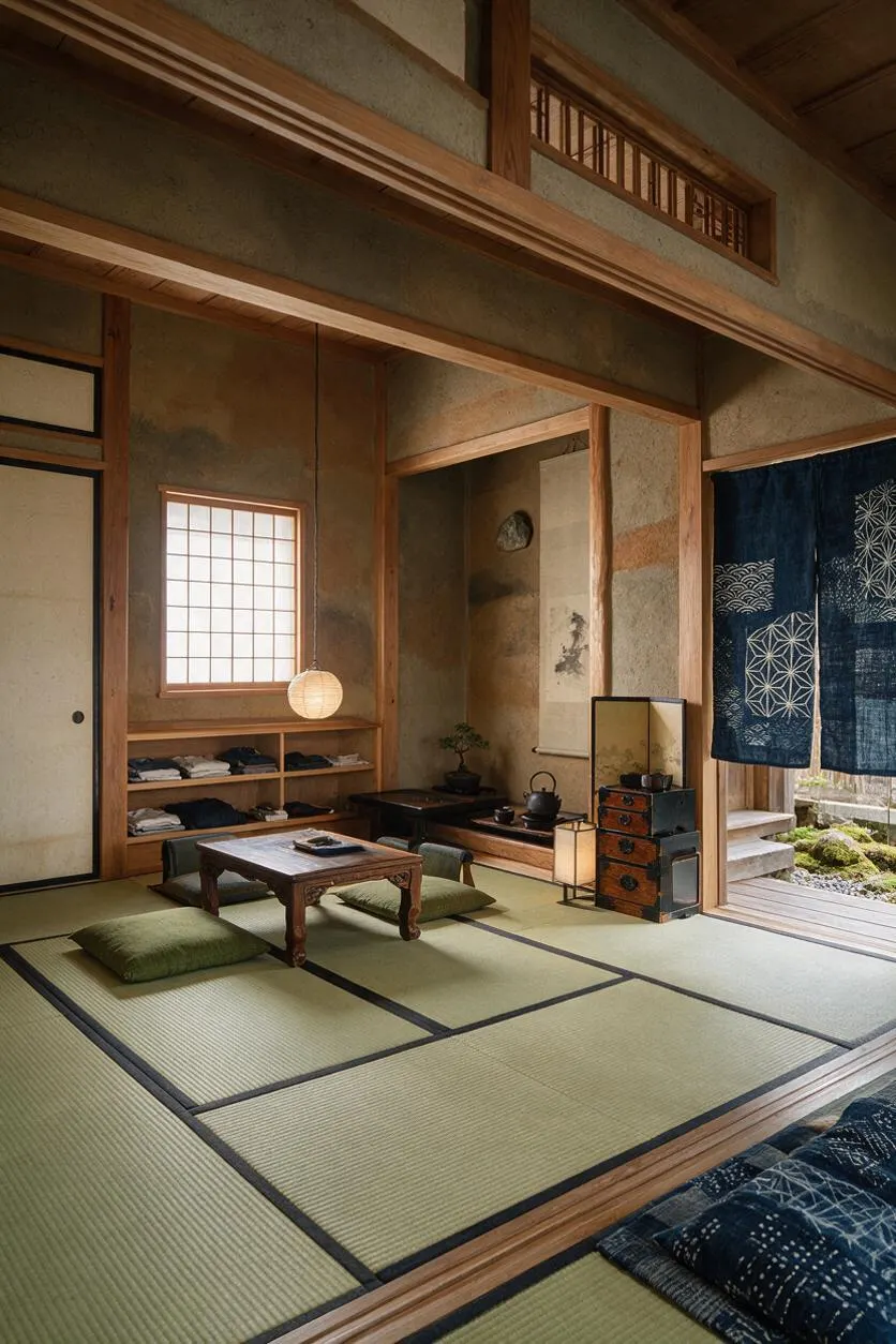 A Japanese Zen-style closet room with tatami mat flooring, exposed wood beams, and warm plaster walls. The space includes low shelves with folded clothing, a small wooden table with floor cushions, a glowing paper lantern, and indigo noren curtains at the open doorway.