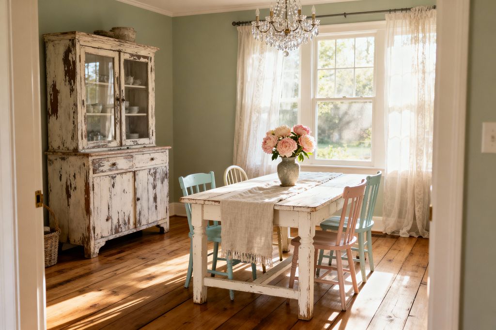 A sunlit dining room features sage green walls, a distressed white farmhouse table, and mismatched pastel chairs in pink, mint, and cream. A crystal chandelier hangs above a linen runner and a ceramic vase of pink peonies, while honey-toned plank wood floors, a weathered glass-front hutch, and sheer lace curtains at large windows complete the soft, shabby chic look.