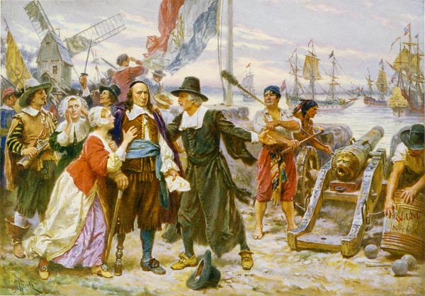 A historical scene depicting a gathering of people near a harbor with ships in the background.