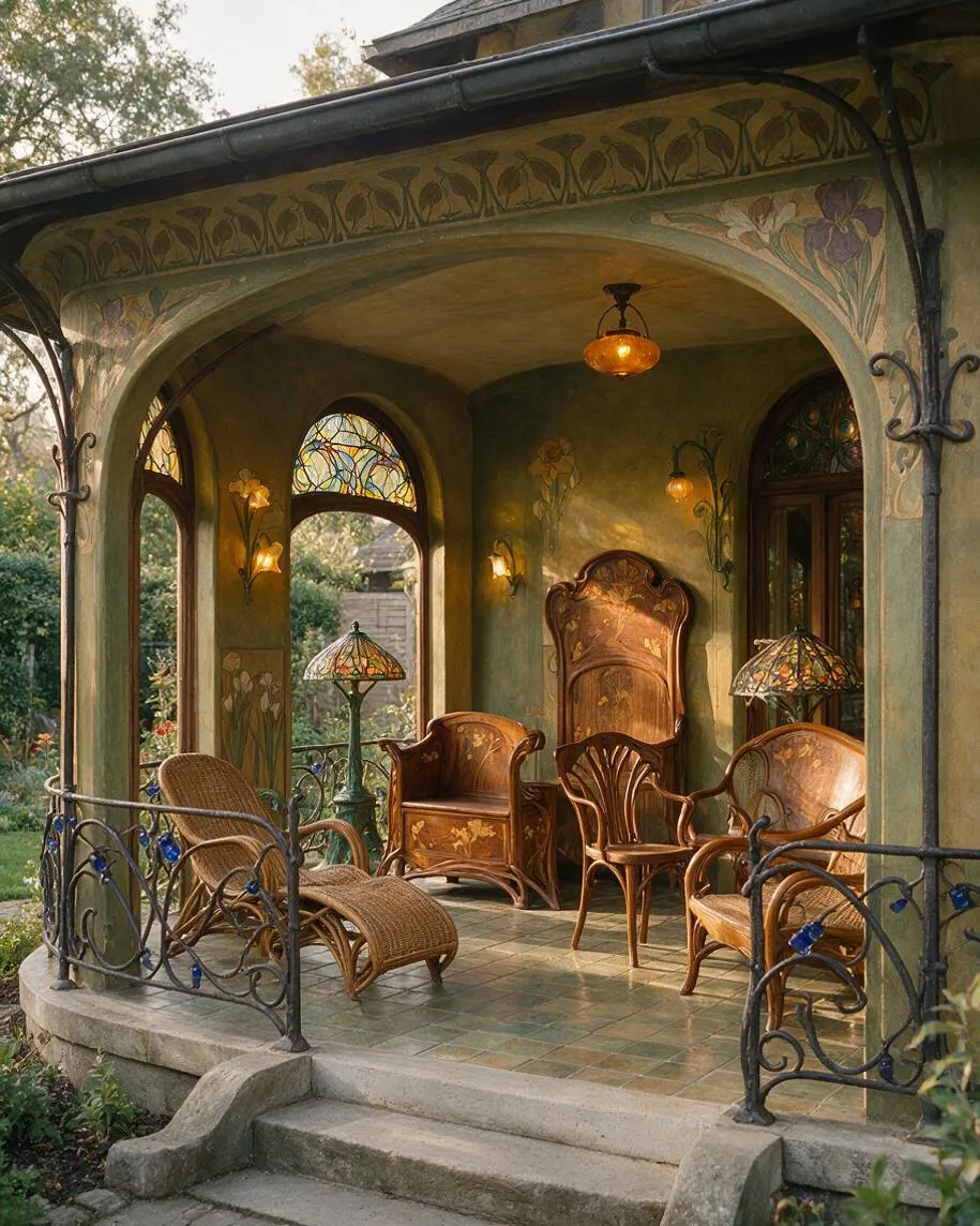A covered front porch in Art Nouveau style with curved stucco arches, hand-painted floral motifs, and wrought-iron railings accented by blue glass details. The space features wicker and carved wooden seating, stained-glass lamps and transom windows, and a warm green and gold color palette.