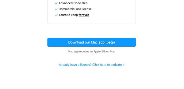 The image displays a pricing page for a Mac app with a download button and a license activation link.