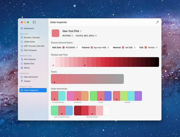 The image displays a color inspector tool interface with various color options and harmonies.