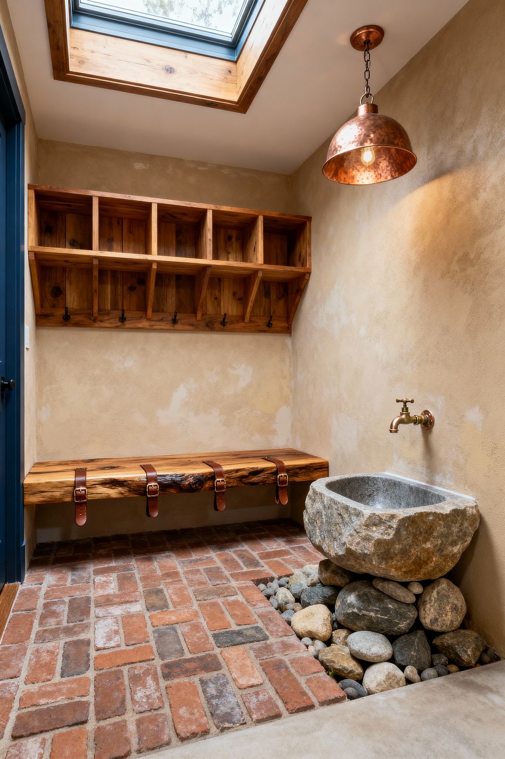 A compact mudroom features a reclaimed brick floor and textured beige plaster walls. A floating live-edge wood bench with three leather straps sits beneath knotty wood cubbies and black metal hooks. To the right, a rough-hewn stone basin rests on river rocks below a wall-mounted copper faucet, while a hammered copper pendant and a wood-framed skylight provide warm ambient and natural light.