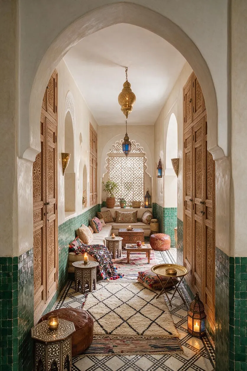A narrow Moroccan-style closet or dressing nook with carved wooden doors, horseshoe arches, and cream stucco walls accented by green tile wainscoting. The space is layered with patterned rugs, low seating, brass lanterns, and hanging pierced-metal pendants that create a warm, intimate atmosphere.