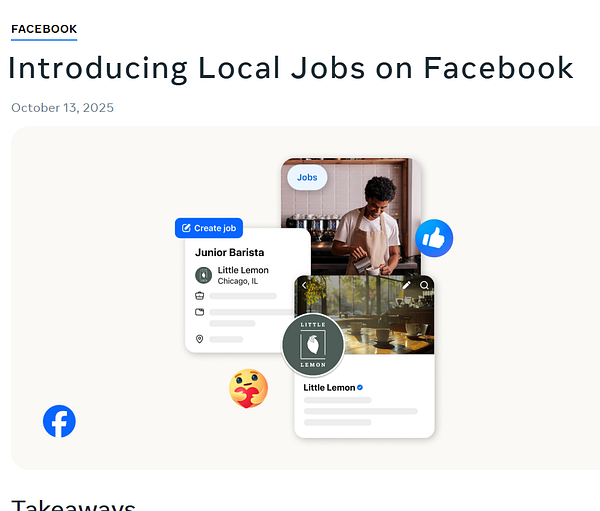 The image promotes Facebook's new local job feature, showcasing a job listing for a Junior Barista position at Little Lemon in Chicago.