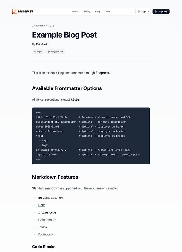 Screenshot of a markdown content editor interface with a blog post titled "My first post" featuring formatted text and multiple UI elements.