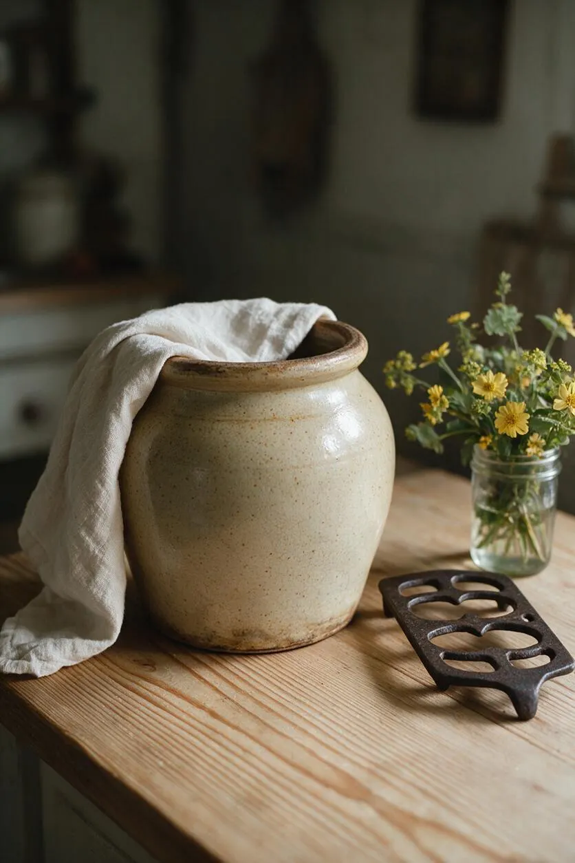 A rustic cottagecore still life on a wooden tabletop features a cream ceramic crock draped with a soft linen cloth, a small jar of yellow wildflowers, and a dark cast-iron trivet. The warm wood grain and muted background create a cozy, farmhouse-inspired atmosphere.