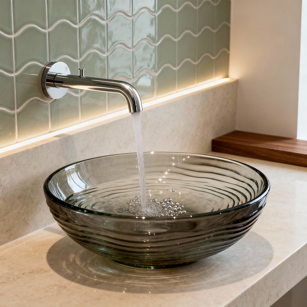 A close-up of a contemporary bathroom vanity shows a rippled, smoked glass vessel sink on a light beige stone countertop. Water flows from a wall-mounted polished chrome spout, while glossy sage green ceramic tiles with wavy relief are highlighted by a warm LED strip; a small walnut shelf at the corner adds a natural accent.