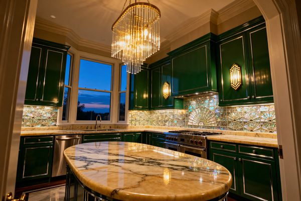A Vintage Glam kitchen features high-gloss emerald cabinetry with polished trim, a stainless range, and an iridescent fan-pattern glass backsplash. A tiered brass-and-crystal chandelier and Art Deco sconces illuminate golden marble countertops and an oval island, with a marble floor and a large bay window framing a dusk sky.