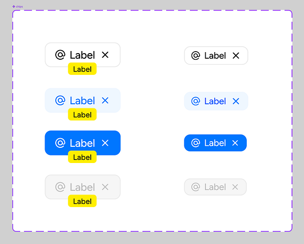 The image displays a design system showcasing various button styles labeled 'Label' with different background colors and states.