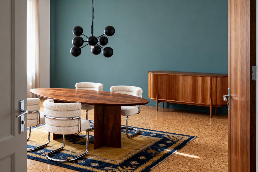 A Mid-Century Modern dining room viewed through a doorway features an oval walnut table with two pedestal bases, surrounded by four cream bouclé, chrome cantilever chairs on a mustard-and-navy geometric rug over cork flooring. A curved teak sideboard with fluted doors lines a muted teal wall, a matte-black multi-globe chandelier hangs above, and daylight filters through sheer curtains, creating a warm, softly lit setting.