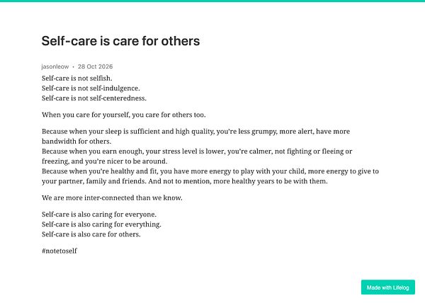 Text excerpt titled 'Self-care is care for others' discussing the importance and impacts of self-care.