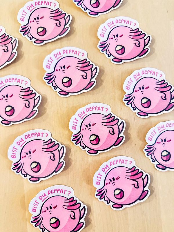 A collection of colorful stickers featuring a cartoon character with a playful expression.