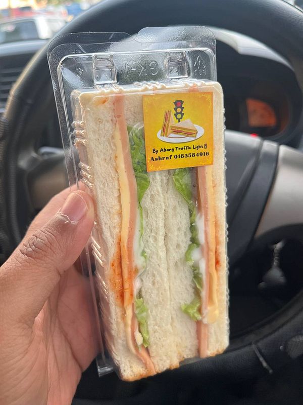 A hand holds a packaged sandwich in a car interior.
