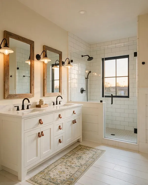 A farmhouse-style master bathroom with a long white double vanity, black faucets, and rustic wood-framed mirrors above it. The room has white subway tile in the shower, black shower fixtures, a black-framed window, a soft patterned runner, and warm brass-toned wall sconces.