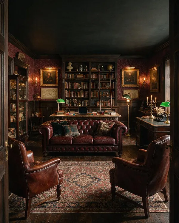 A dark, moody media room with burgundy patterned wallpaper, black ceiling, and built-in bookshelves filled with old books and objects. A tufted leather sofa, two leather club chairs, Persian-style rug, brass lamps, and candlelight create a scholarly Dark Academia atmosphere.