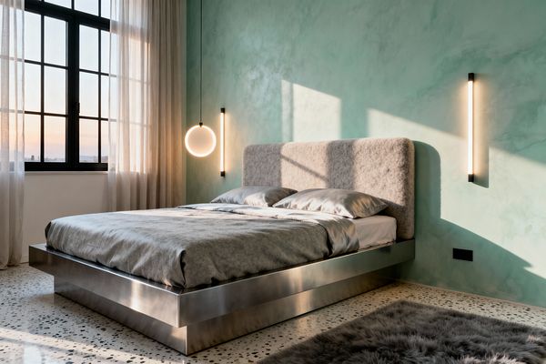 A modern bedroom features a low brushed-steel platform bed with a plush bouclé-upholstered headboard set against soft mint plaster walls. Warm light comes from a circular pendant and two slim vertical wall sconces, while a black-framed grid window with sheer beige curtains admits sunset light; the terrazzo floor is partly covered by a gray faux-fur rug and the bedding is gray with a subtle satin sheen.