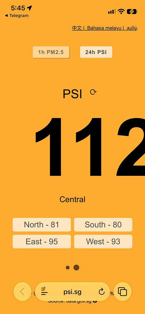 Screenshot of the PSI.SG web app interface displaying air quality information with graph and numerical data.