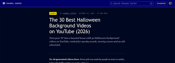 A webpage from Channel Surfer featuring a guide on the 30 best Halloween background videos on YouTube for 2026.