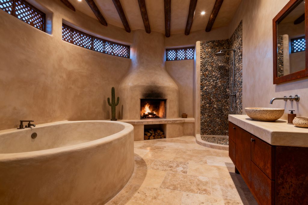 A Southwestern bathroom features curving stucco walls centered on a kiva-style fireplace with stacked firewood and a glowing flame. A rounded built-in soaking tub with dark bronze fixtures sits at left, while a walk-in shower at right is lined with river pebbles and a rainfall head. Travertine tiles cover the floor, dark timber beams span the ceiling, and a wood vanity with stone vessel sinks and a rust-toned framed mirror completes the space, with lattice clerestory windows and a cactus accent.