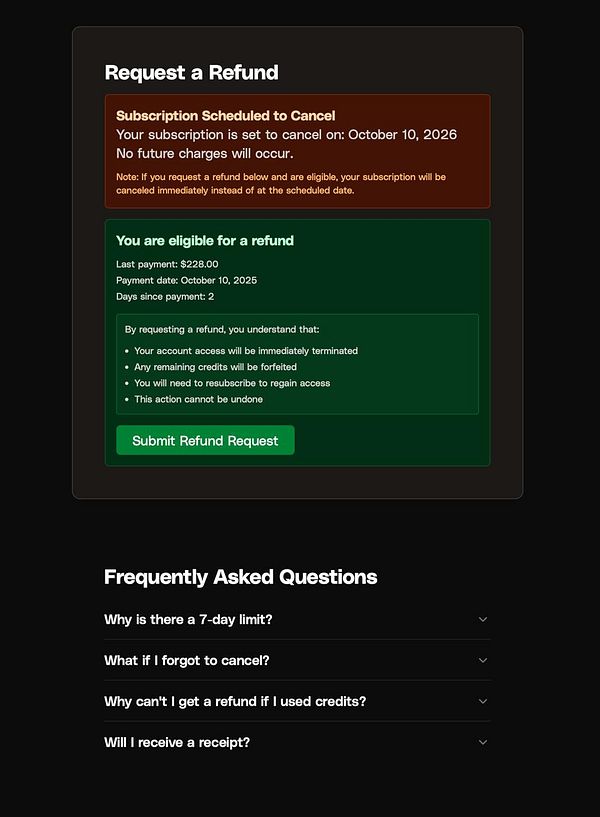 The image displays a refund request interface with subscription details and frequently asked questions.