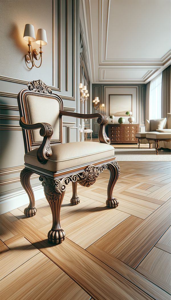 An elegant wooden chair with Claw & Ball feet, placed in a beautifully designed room with a mixture of modern and classic furniture.