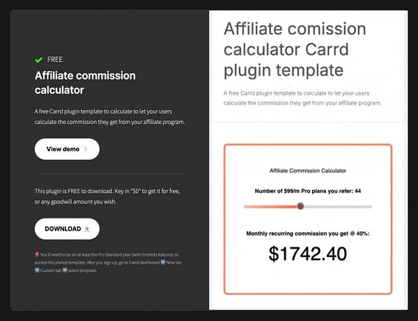 The image displays a promotional interface for a free affiliate commission calculator plugin for Carrd.