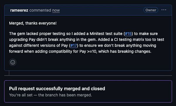 A comment on a pull request discussing updates to the Pay gem's testing framework.