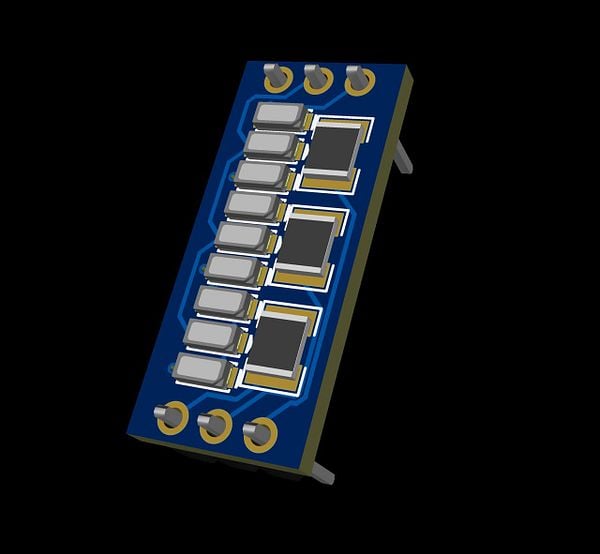 A 3D rendering of a breakout board PCB designed for encoder and LED multiplexing.