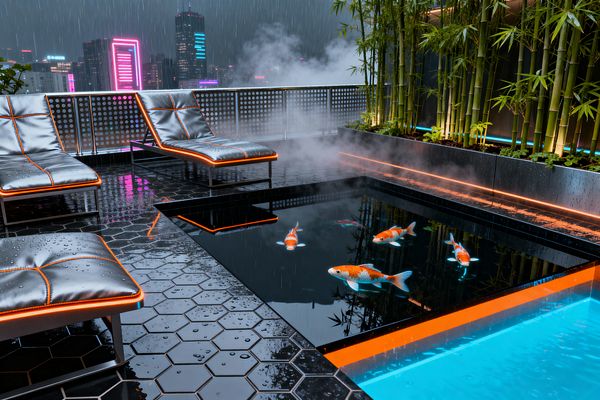 A futuristic rooftop patio in the rain features glossy black hex-tile flooring, three low loungers with silver cushions and orange LED piping, and a rectangular water feature split between a mirror-like koi pond and a cyan-lit pool. A raised black metal planter packed with tall bamboo runs along a perforated metal railing, with cyan and amber light strips and drifting steam, while neon-lit skyscrapers glow in the night skyline beyond.