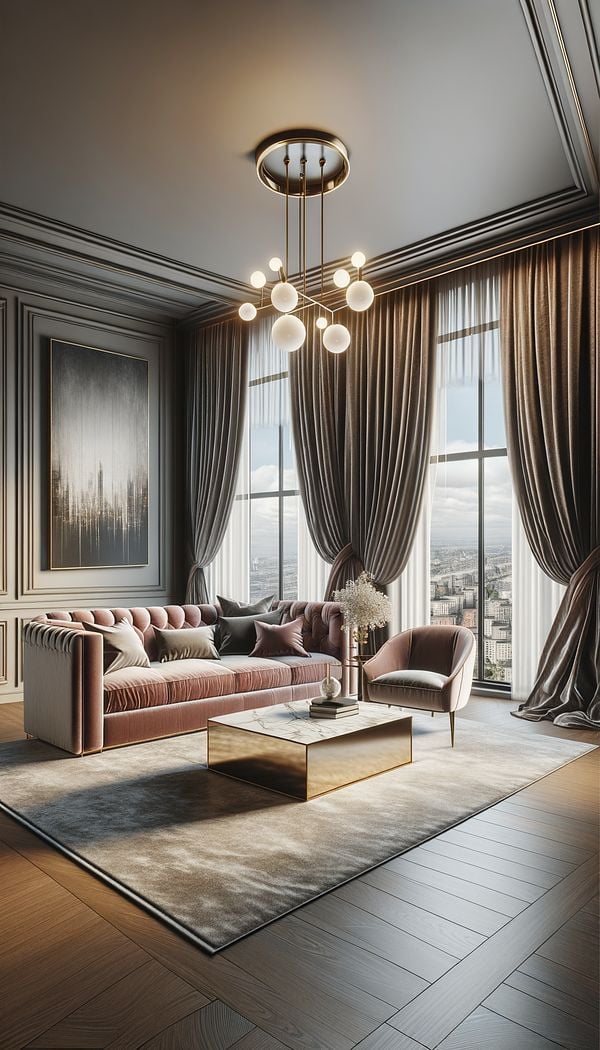 A spacious living room featuring a custom-designed velvet sofa, a high-end marble coffee table, sophisticated lighting fixtures, and luxurious silk curtains framing large windows with a cityscape view. The room exudes an aura of upscale elegance.