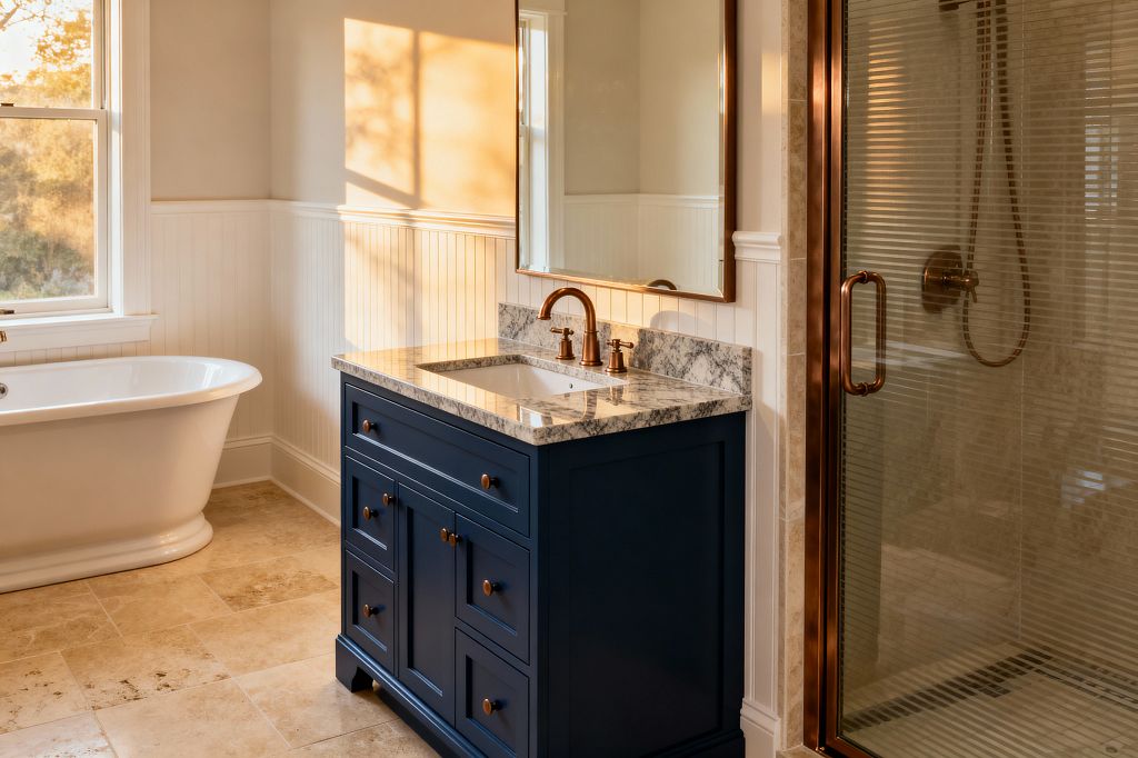 A bright bathroom shows a navy blue vanity with a gray-white marble countertop and brushed bronze faucet, topped by a bronze-framed mirror. To the left, a white freestanding tub sits below a window; to the right, a glass shower with bronze trim and horizontal texture stands over beige stone tile. White beadboard wainscoting and cream walls unify the space as warm afternoon light casts soft shadows.