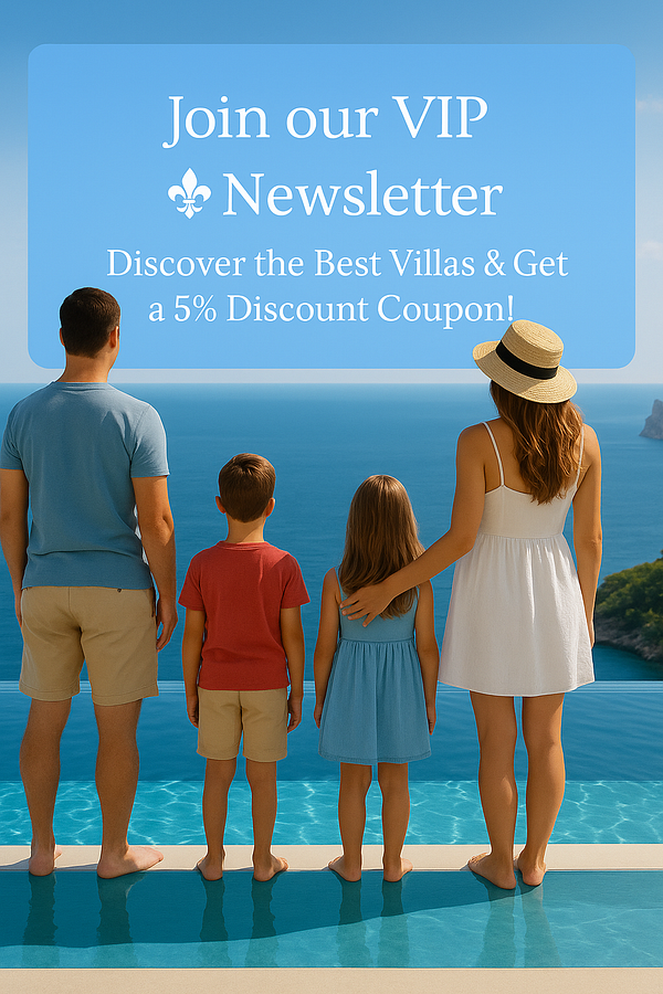 A family stands together at the edge of a pool overlooking a scenic ocean view.