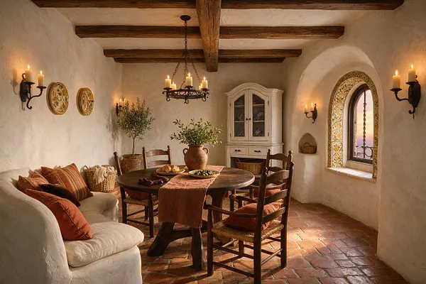 A cozy Mediterranean-style dining room with white plaster walls, exposed dark wood ceiling beams, and a terracotta tile floor. The space includes a round dark wood table, rustic wooden chairs, a curved upholstered bench, wall sconces with candles, a wrought-iron chandelier, and an arched window with patterned tile trim.