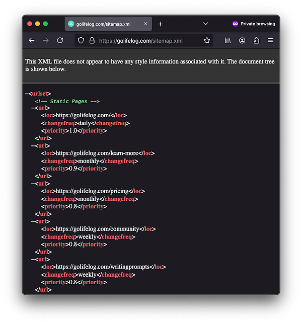 The image displays a screenshot of an XML sitemap from the website golifelog.com.