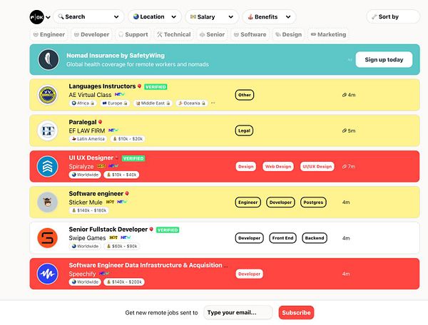 The image displays a job listing interface from a remote job platform featuring various job postings.