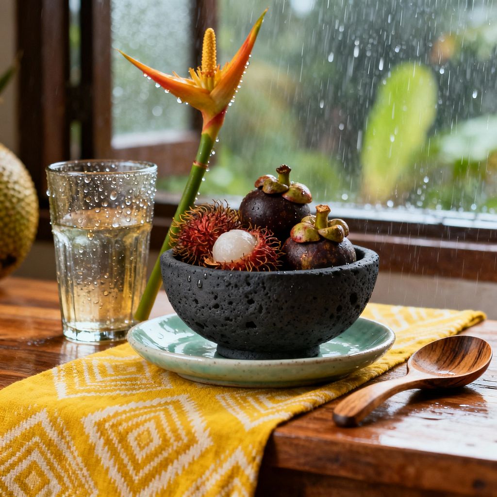 Close-up of a tropical dining table by a rain-splashed window. A porous black lava-stone bowl filled with mangosteen and rambutan sits on a pale green ceramic plate atop a yellow geometric cotton runner, beside a wooden spoon and a glass of water beaded with droplets. A single orange bird-of-paradise stem leans into the scene, with lush greenery blurred outside.
