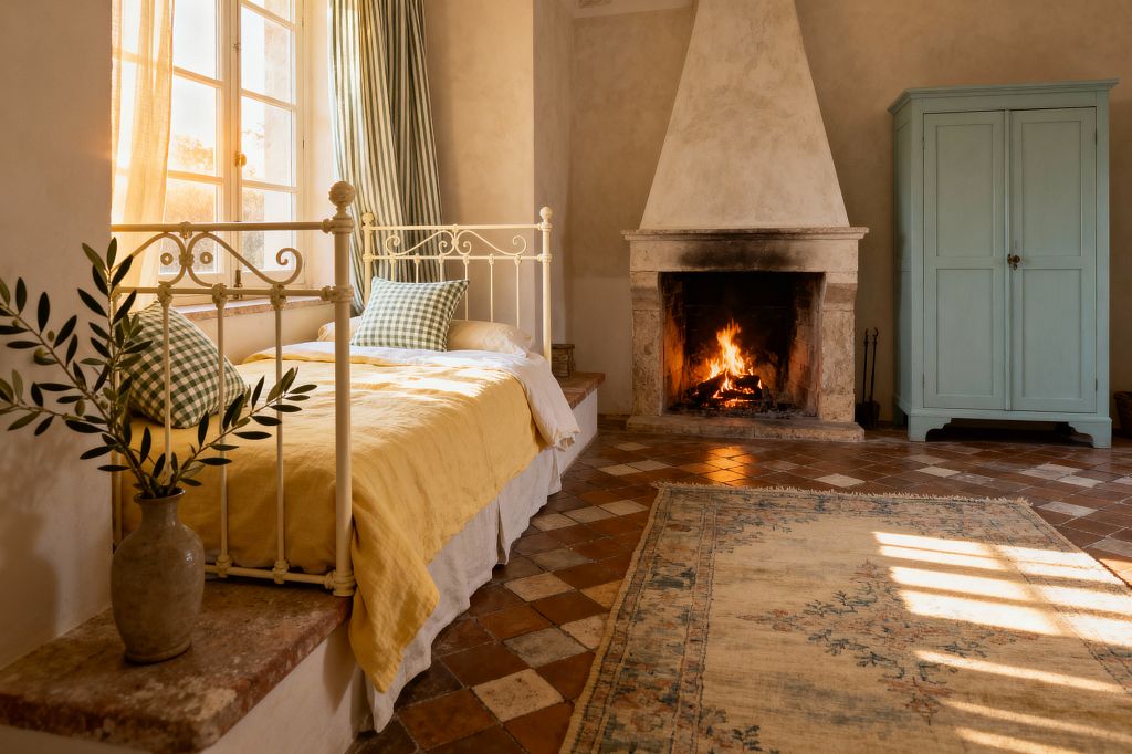 A sunlit French country bedroom features an ivory wrought-iron daybed layered with buttery yellow linen and green gingham cushions beside a tall mullioned window with sheer golden curtains and sage striped drapes. A plaster, cone-hood fireplace with a stone surround warms terracotta checkerboard floors, a faded floral rug, and a duck-egg blue painted armoire; a ceramic vase with olive branches rests on the masonry ledge.