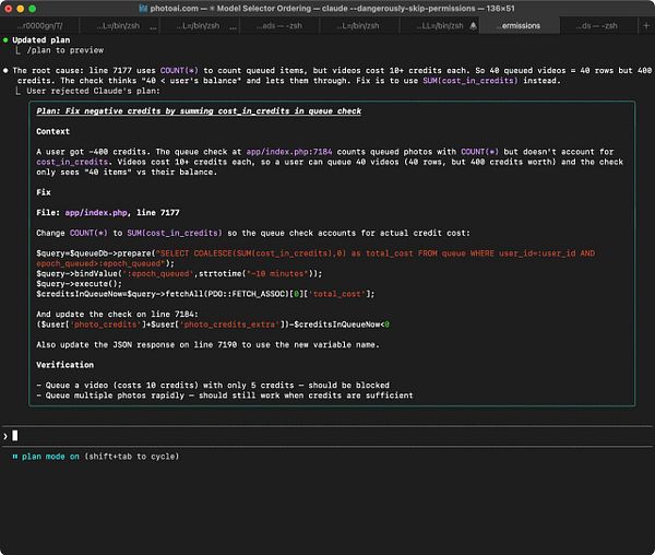 Screenshot of a user account interface showing negative credit balance with individual queued videos and action buttons.