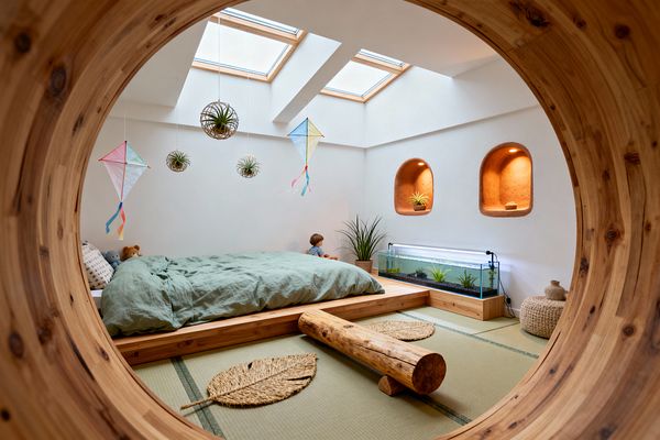 Viewed through a circular wooden portal, a children’s room shows a low wood platform bed with a sage green duvet on tatami mats beside a smooth log bolster, while skylights illuminate white plaster walls, two terracotta niches with small plants, a long glass aquarium on a wood base, hanging air-plant spheres, colorful kites, potted greenery, and a woven pouf. A child sits near the bed in soft natural light.