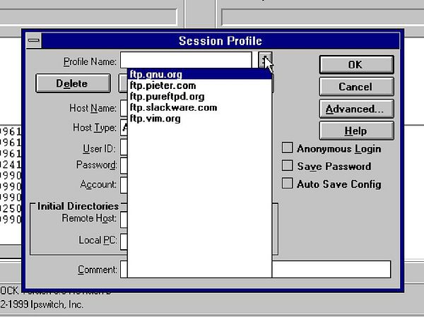 The image displays a session profile interface for configuring FTP server connections.