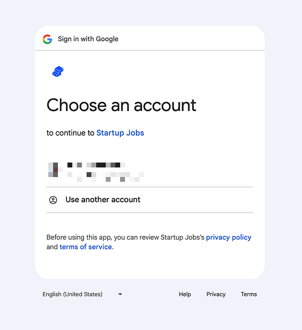 The image displays a Google sign-in interface for the Startup Jobs application.