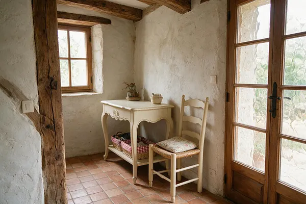 A small French Country entryway with white plaster walls, exposed wooden beams, terracotta tile flooring, and a wooden-framed glass door and window. A cream-painted console table and a pale wooden chair with a woven seat add a soft rustic touch.