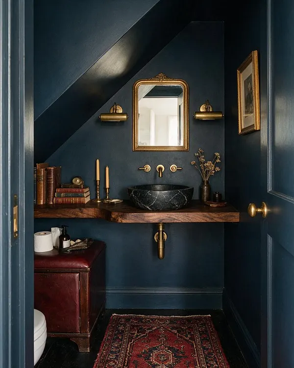 A compact powder room with deep blue walls, a dark wood floating vanity, and a black stone vessel sink beneath a small gold-framed mirror. Brass sconces, faucet fixtures, stacked books, and a red vintage rug add a scholarly Dark Academia mood.