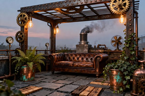 A rooftop patio at dusk features a riveted steel pergola decorated with oversized brass gears and two hanging Edison bulbs casting an amber glow. Centered beneath is a tufted brown leather Chesterfield sofa on charcoal slate pavers with scattered reclaimed wood planks; surrounding details include copper pipes, pressure gauges, a patinated copper planter with ferns, a trailing ivy planter, a vintage metal fan, and a small steam engine with a smoking stack.