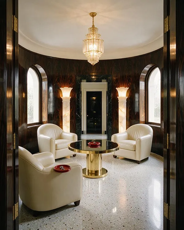 A glamorous Art Deco entryway with dark curved wood walls, arched windows, and a tiered glass-and-gold chandelier centered overhead. Two cream leather armchairs and a gold pedestal table with a glass top create a symmetric seating area on a polished terrazzo floor, while glowing wall sconces and marble-framed details add elegance.
